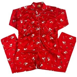 Peanuts Snoopy Woodstock Red Satin Pajamas Women's Large L 2pc Set Coffee Hearts